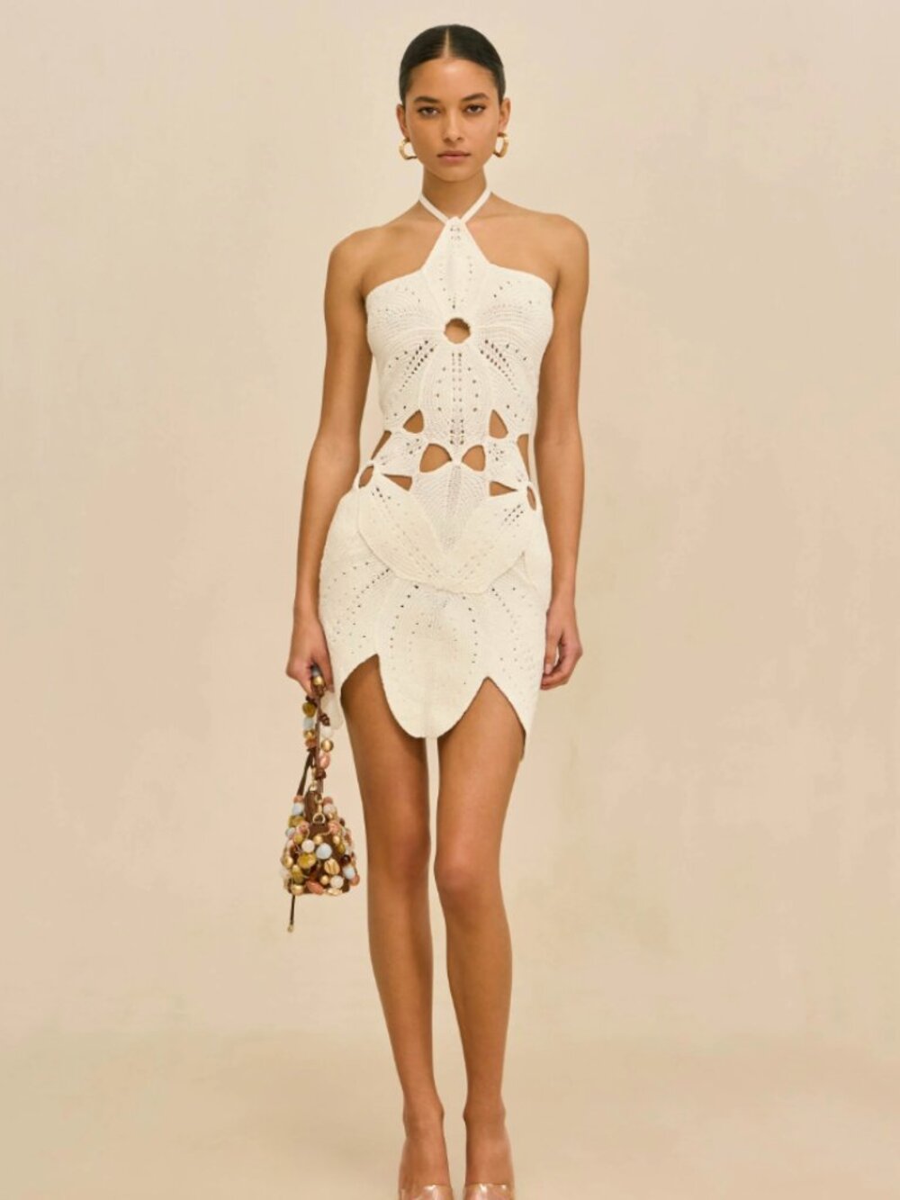 Cult Gaia OFF WHITE CROCHET FLOREANA KNIT DRESS